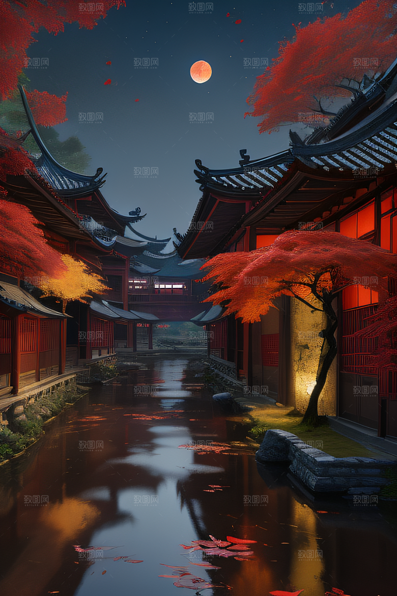 古建筑与溪流夜晚的红叶枫树和明月