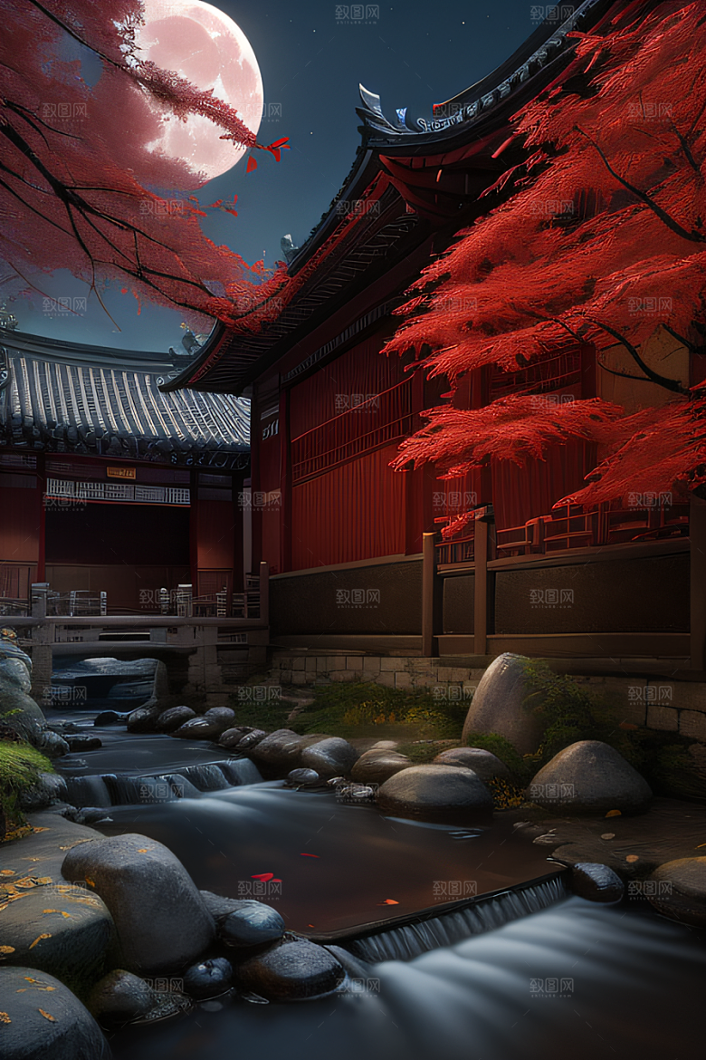 古建筑与溪流夜晚的红叶枫树和明月