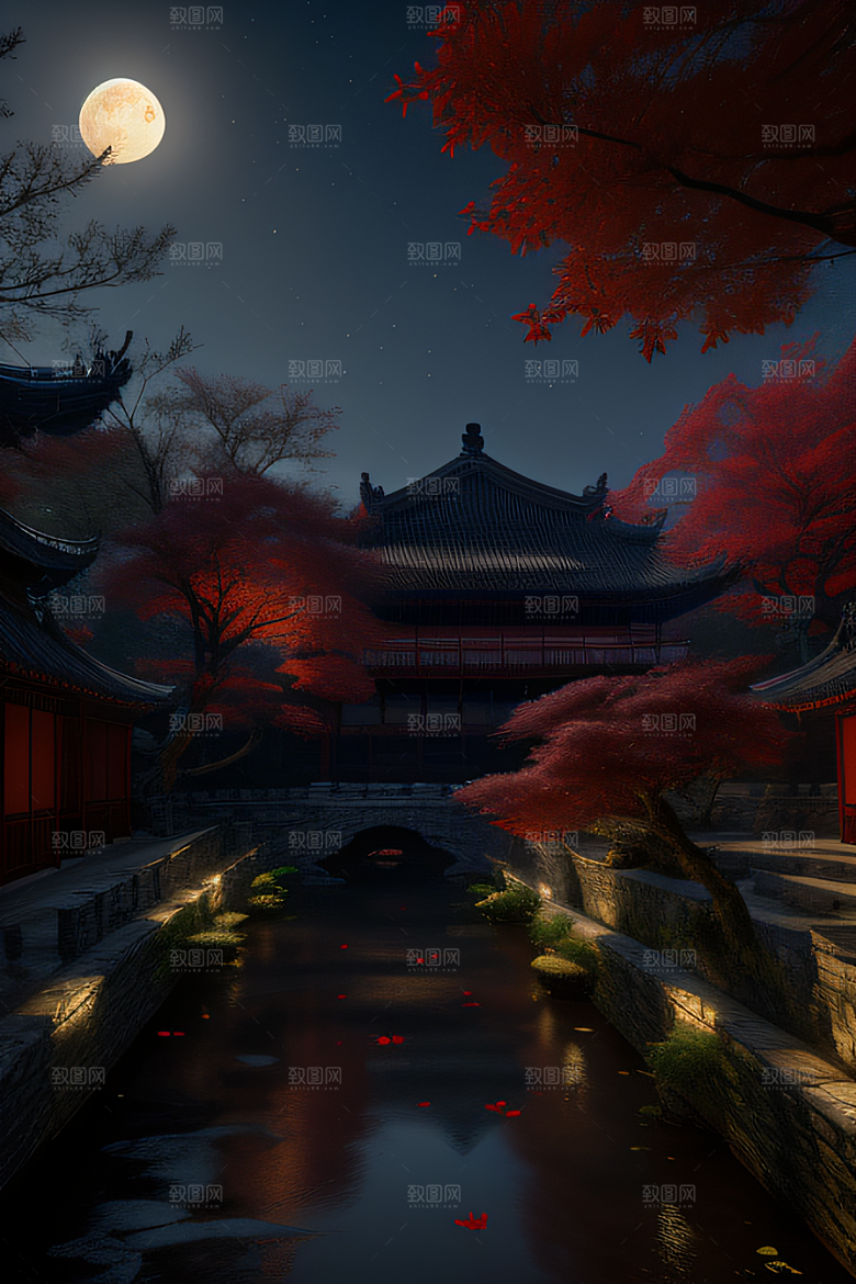 古建筑与溪流夜晚的红叶枫树和明月
