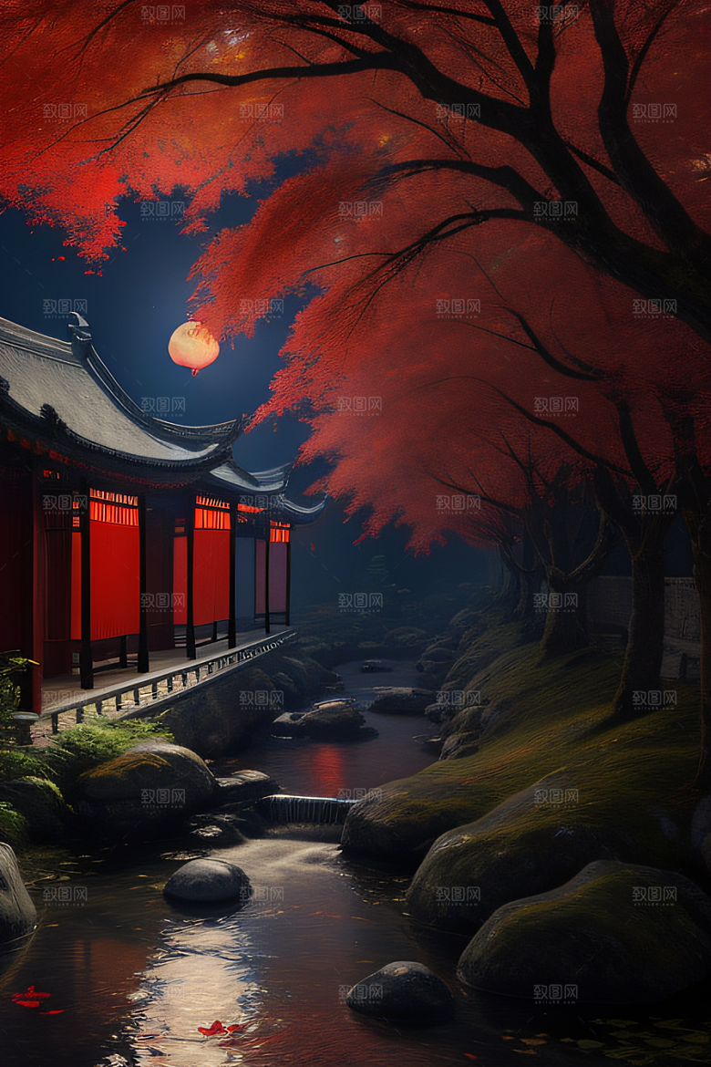 古建筑与溪流夜晚的红叶枫树和明月