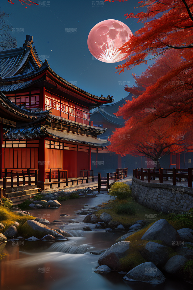 古建筑与溪流夜晚的红叶枫树和明月