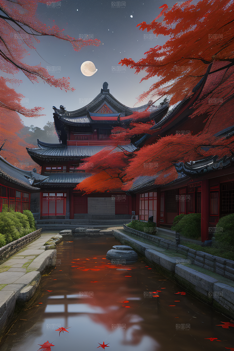 古建筑与溪流夜晚的红叶枫树和明月
