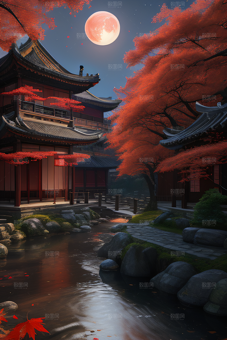 古建筑与溪流夜晚的红叶枫树和明月