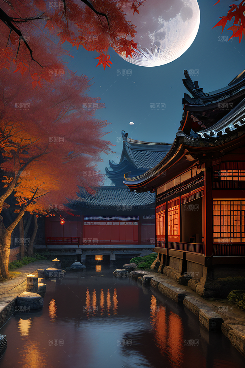 古建筑与溪流夜晚的红叶枫树和明月