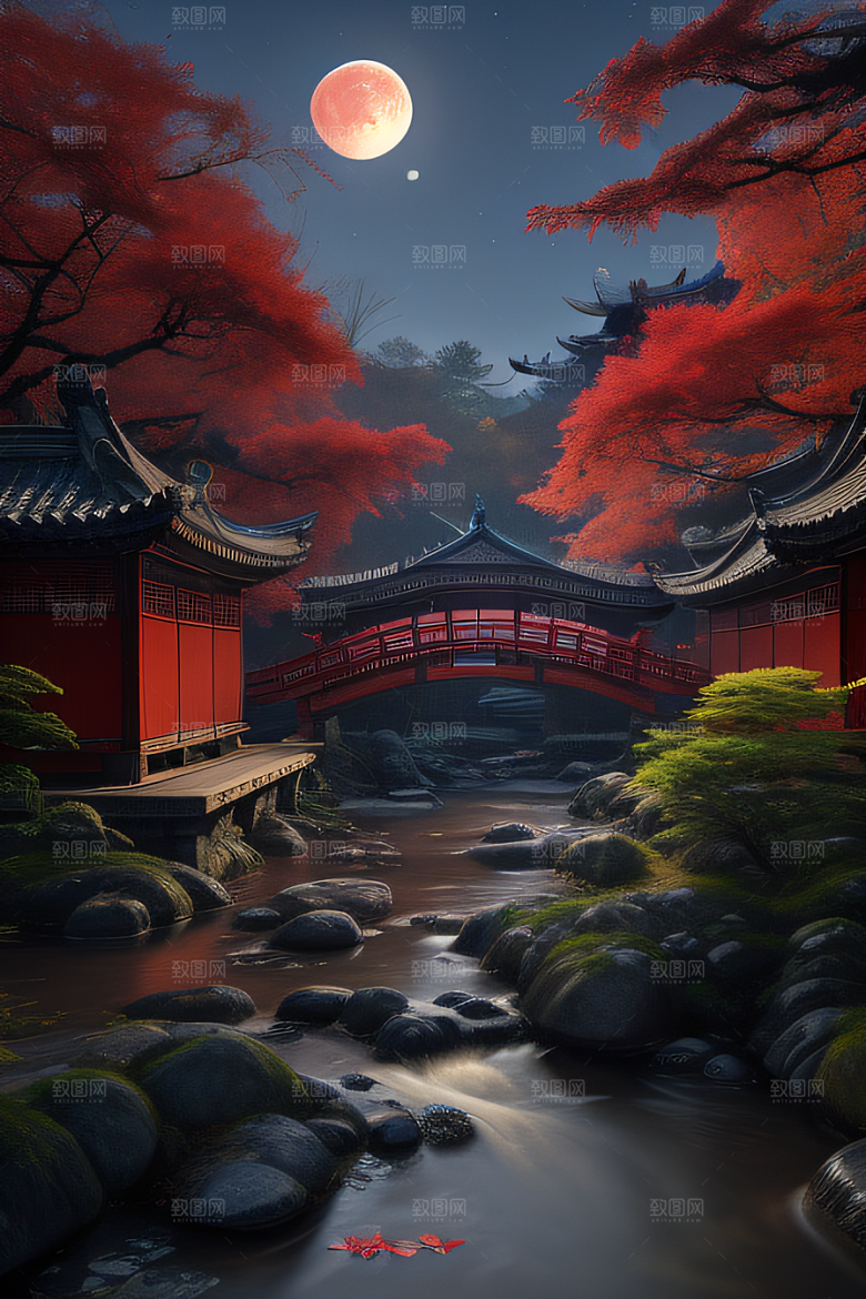 古建筑与溪流夜晚的红叶枫树和明月