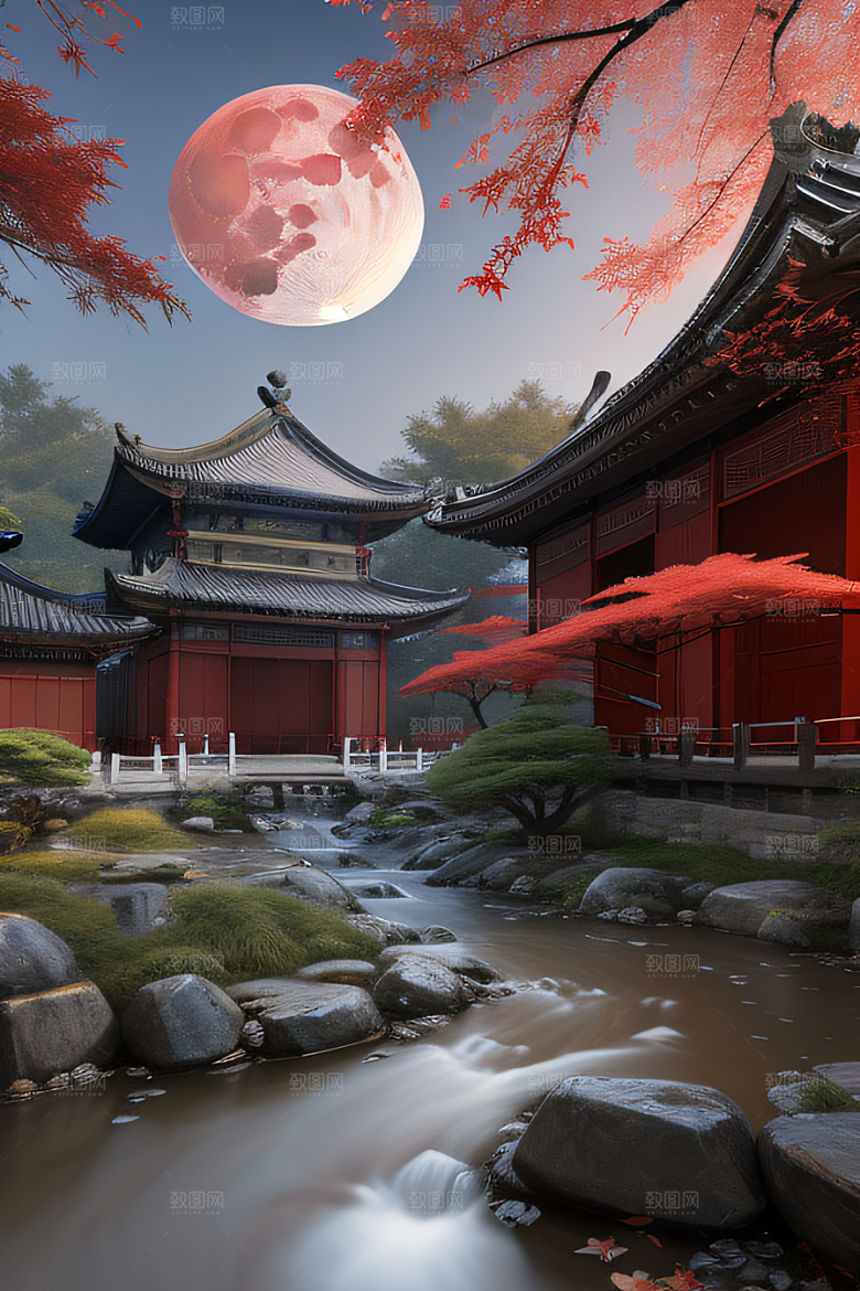 古建筑与溪流夜晚的红叶枫树和明月