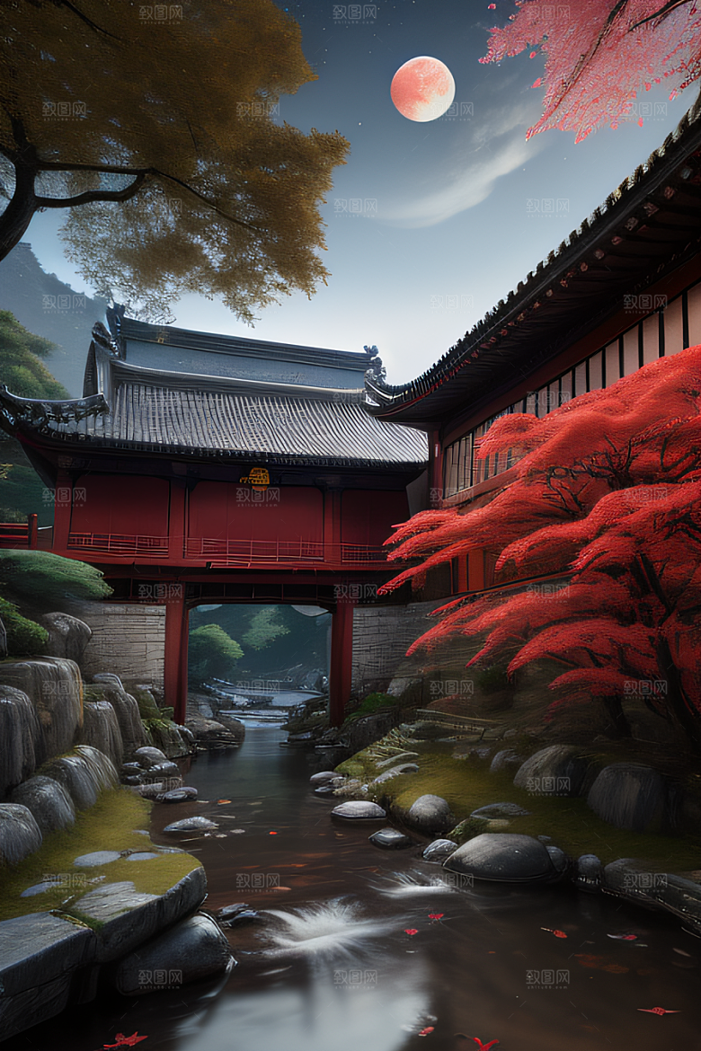 古建筑与溪流夜晚的红叶枫树和明月