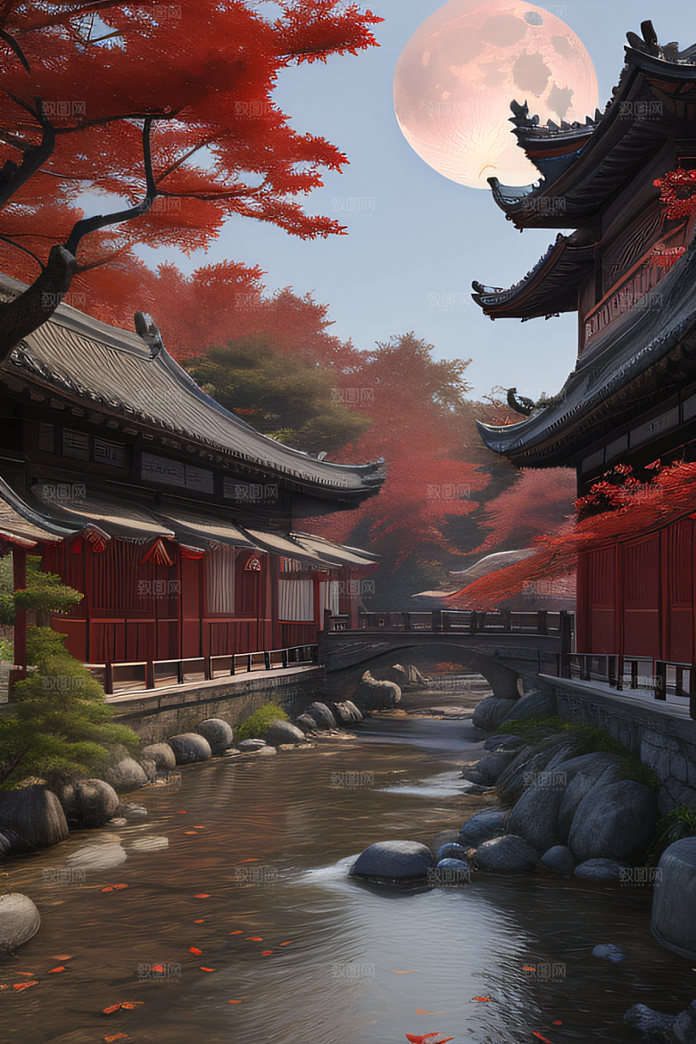 古建筑与溪流夜晚的红叶枫树和明月