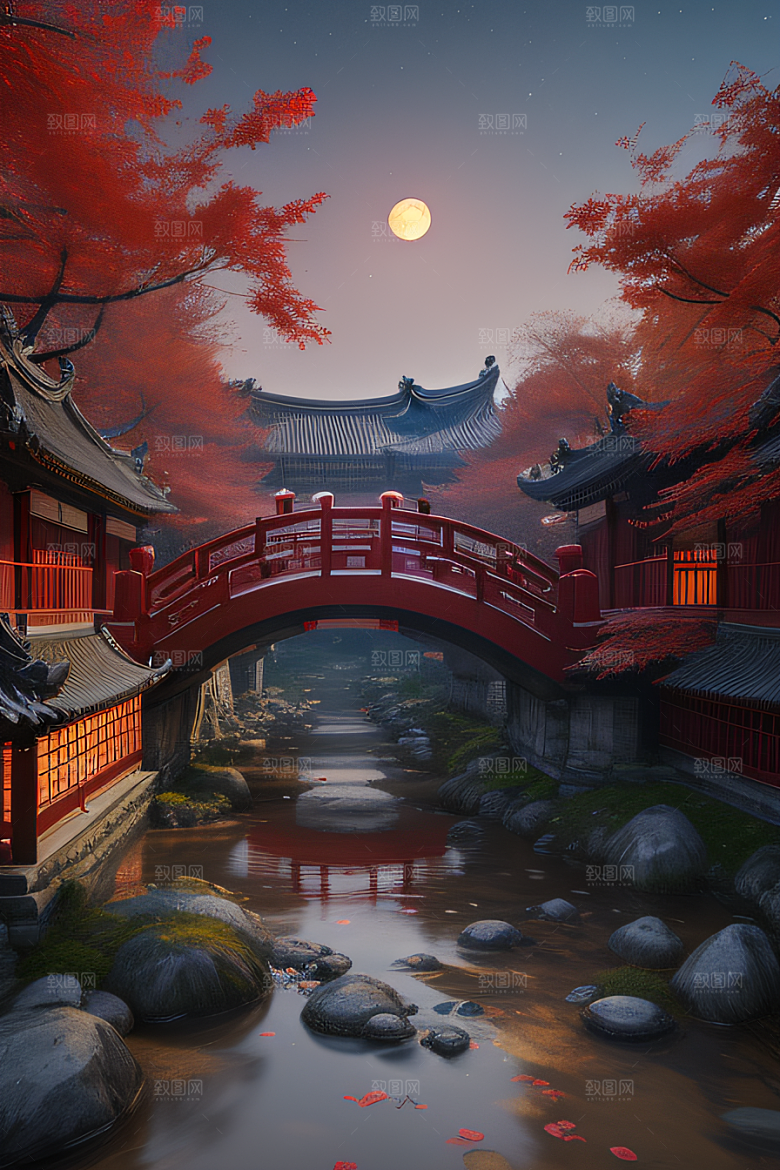 古建筑与溪流夜晚的红叶枫树和明月