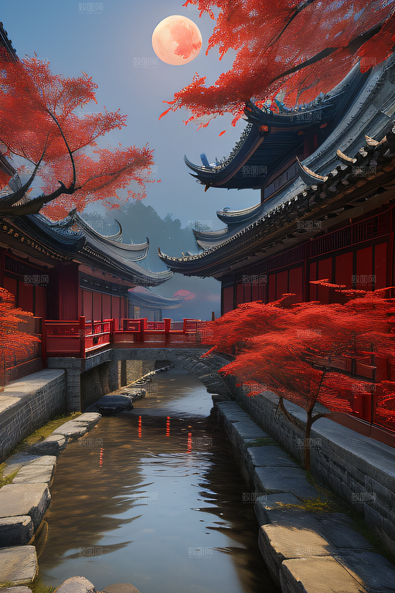 古建筑与溪流夜晚的红叶枫树和明月