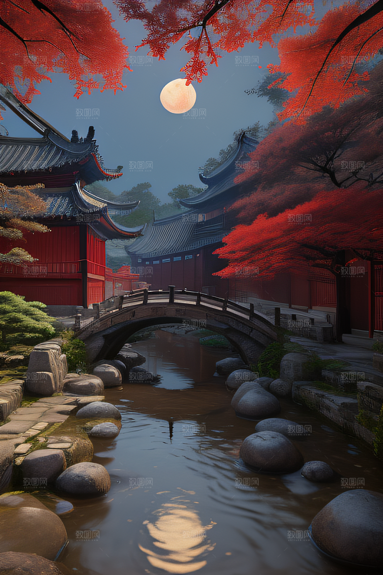 古建筑与溪流夜晚的红叶枫树和明月