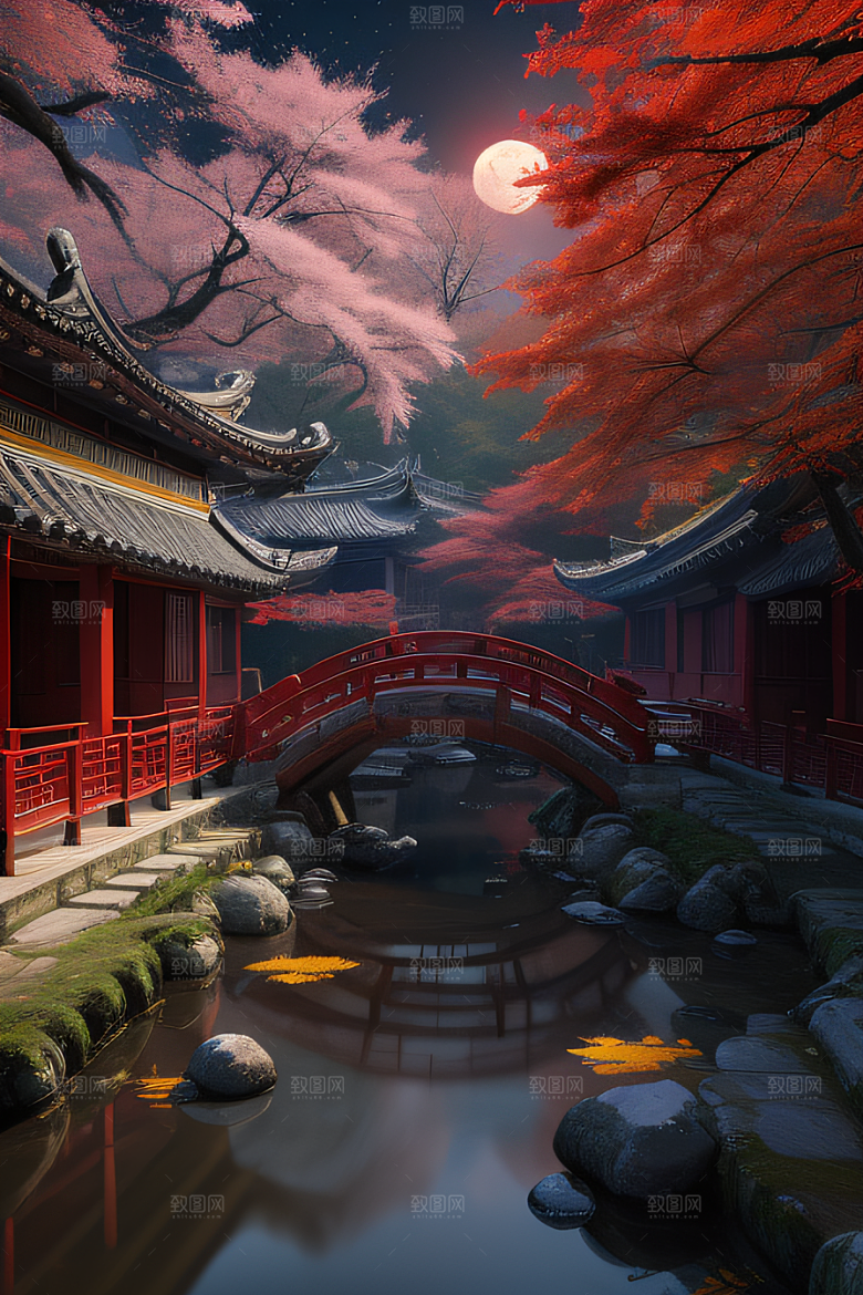古风江南溪流畔的古建筑和红叶枫树