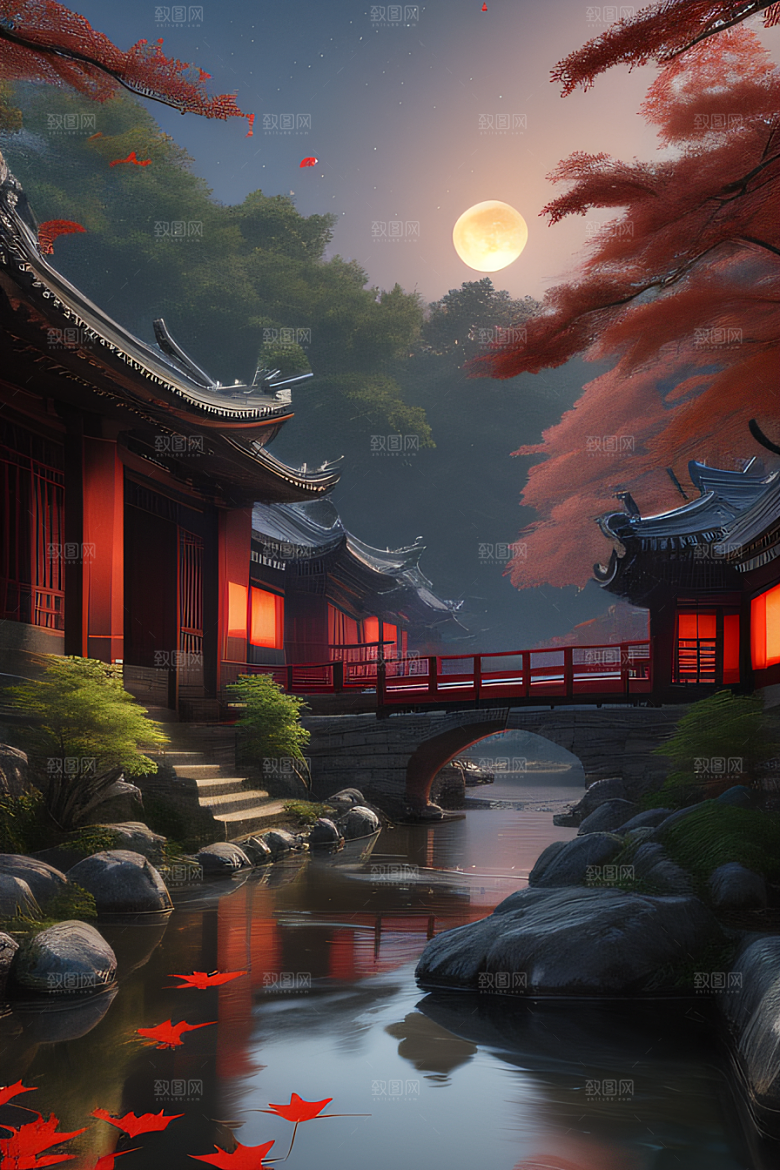古风江南溪流畔的古建筑和红叶枫树