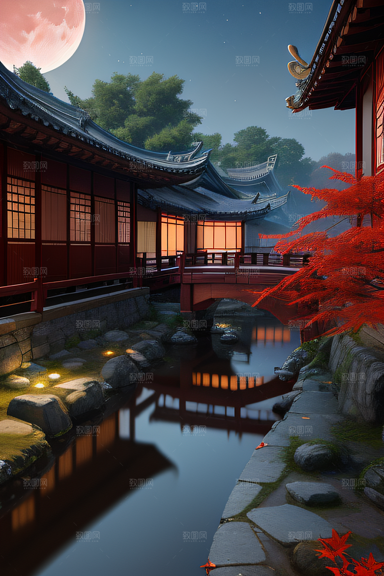 古风江南溪流畔的古建筑和红叶枫树