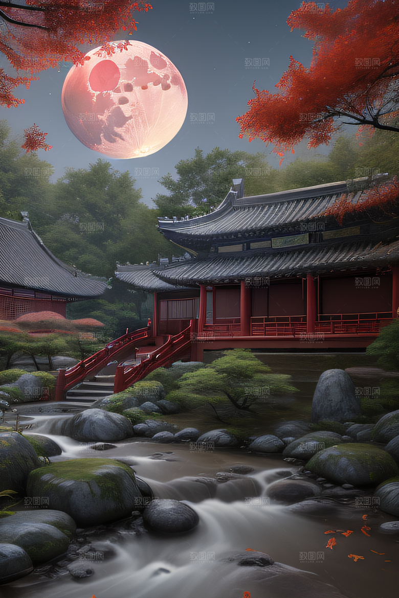 古风江南溪流畔的古建筑和红叶枫树