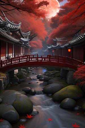 古代中国的超真实渲染溪流旁的江南古建筑