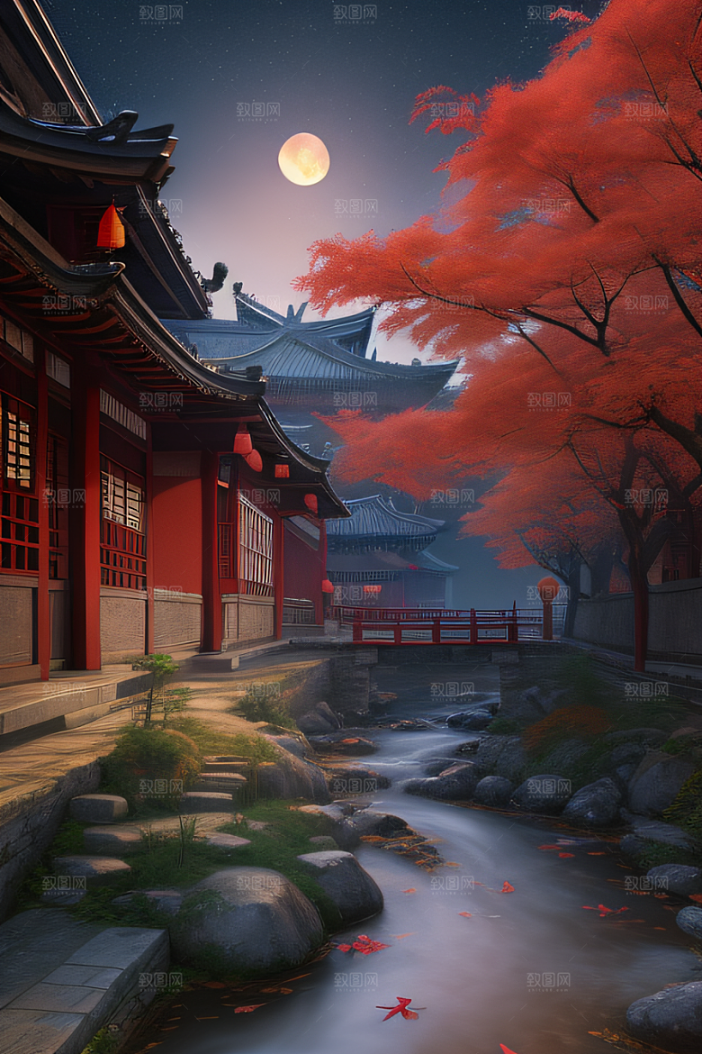 古代中国的超真实渲染溪流旁的江南古建筑