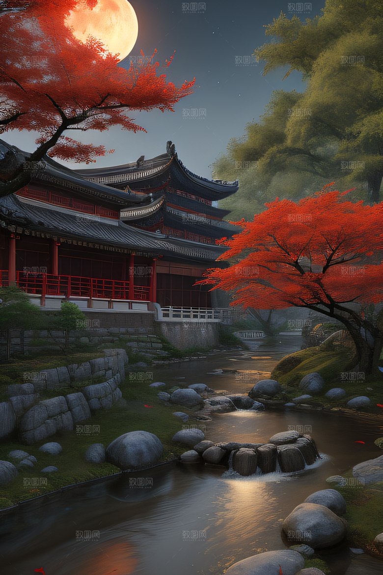 古代中国的超真实渲染溪流旁的江南古建筑