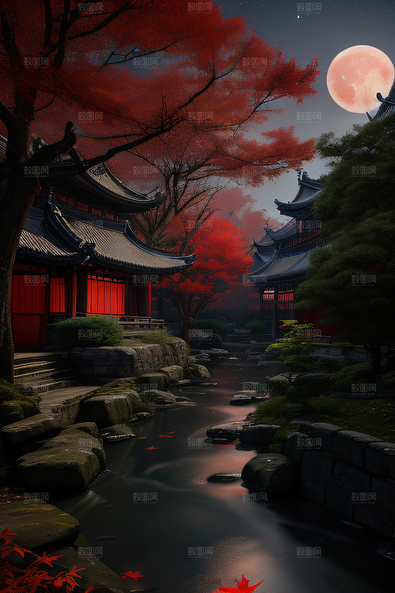 古代中国的超真实渲染溪流旁的江南古建筑