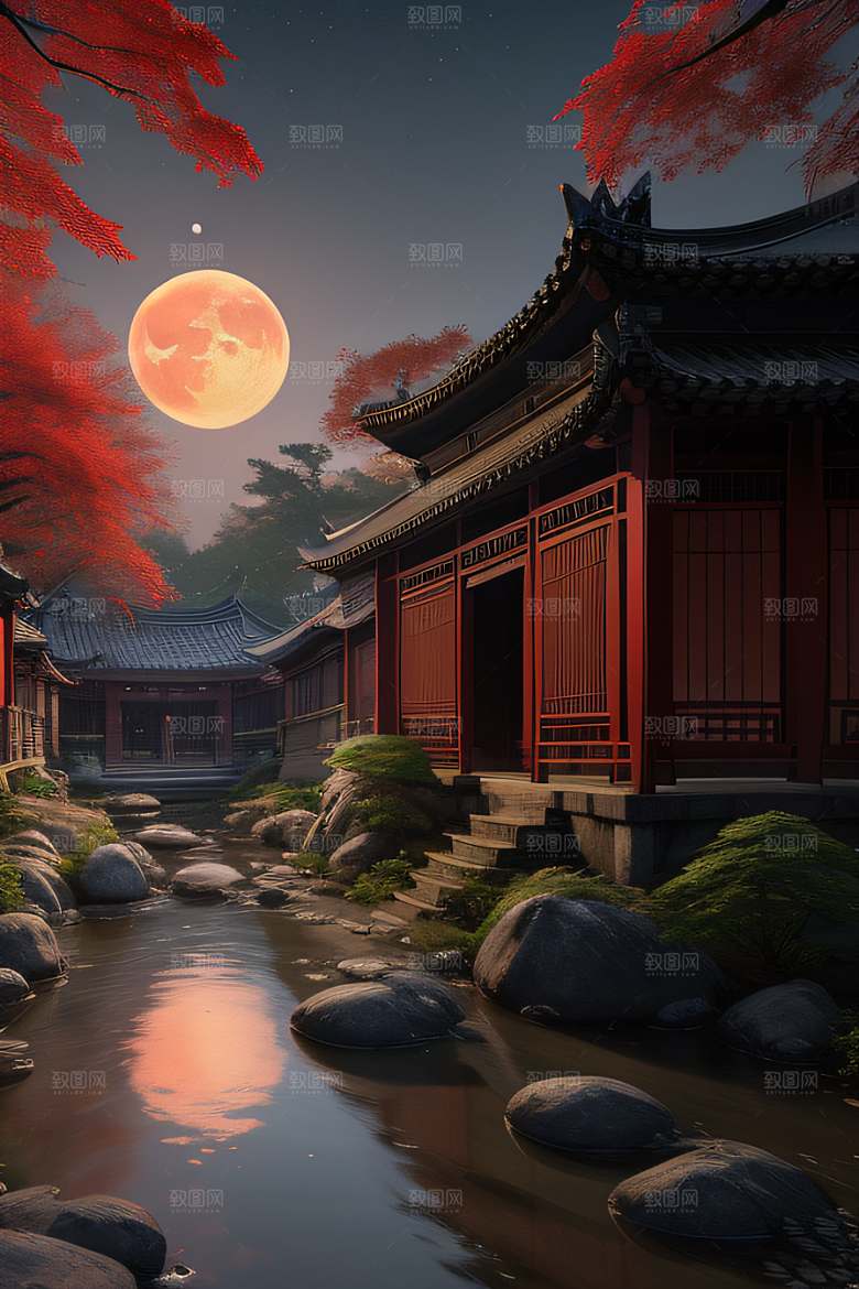 古代中国的超真实渲染溪流旁的江南古建筑