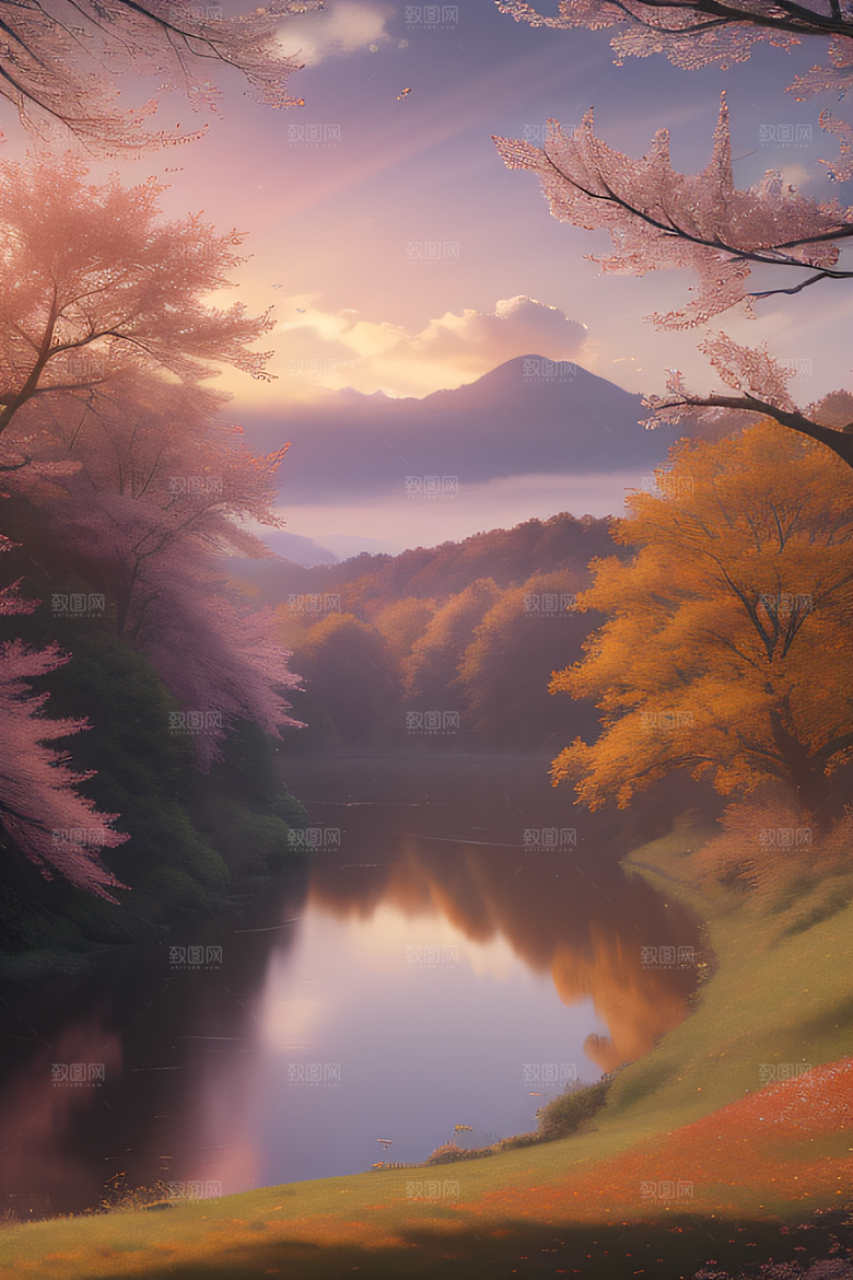 秋天的晨光远眺湖泊的美景