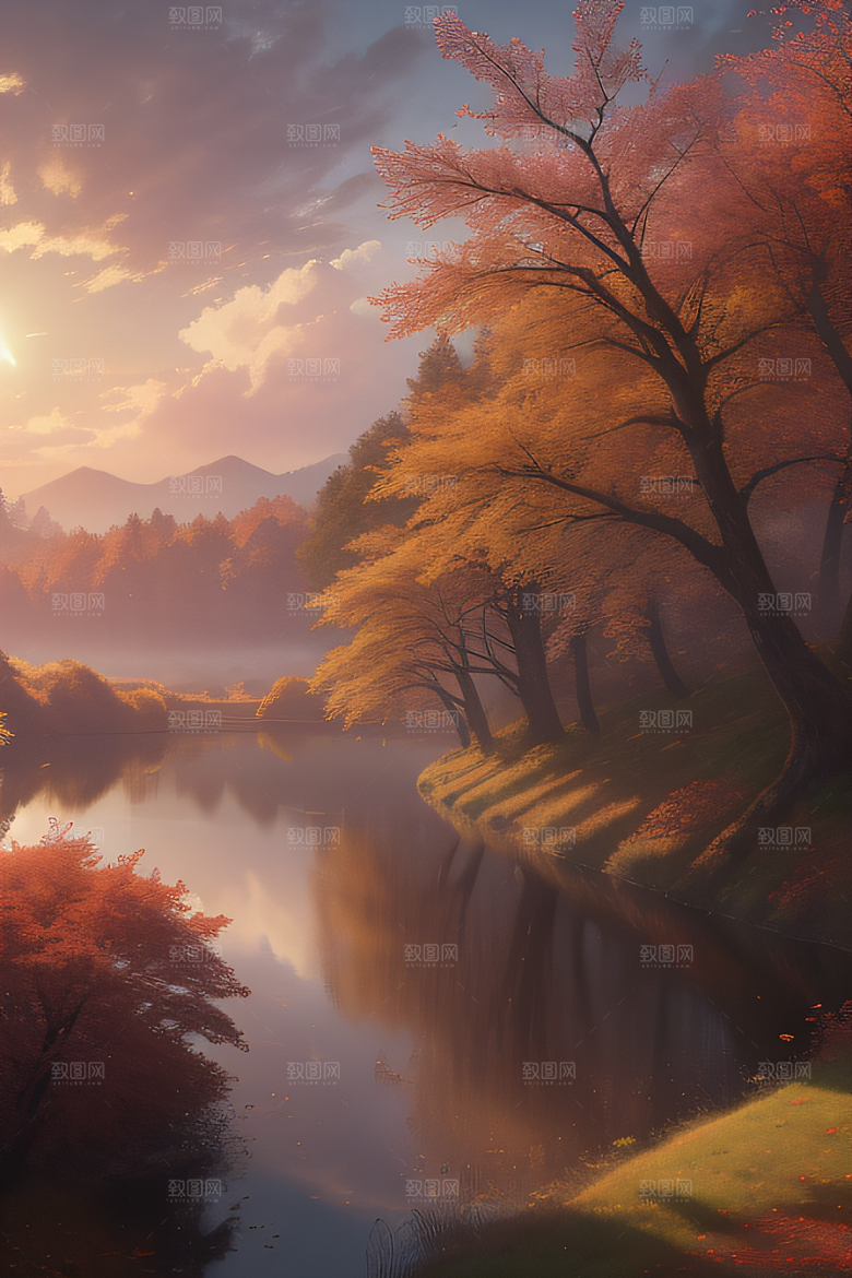秋天的晨光远眺湖泊的美景