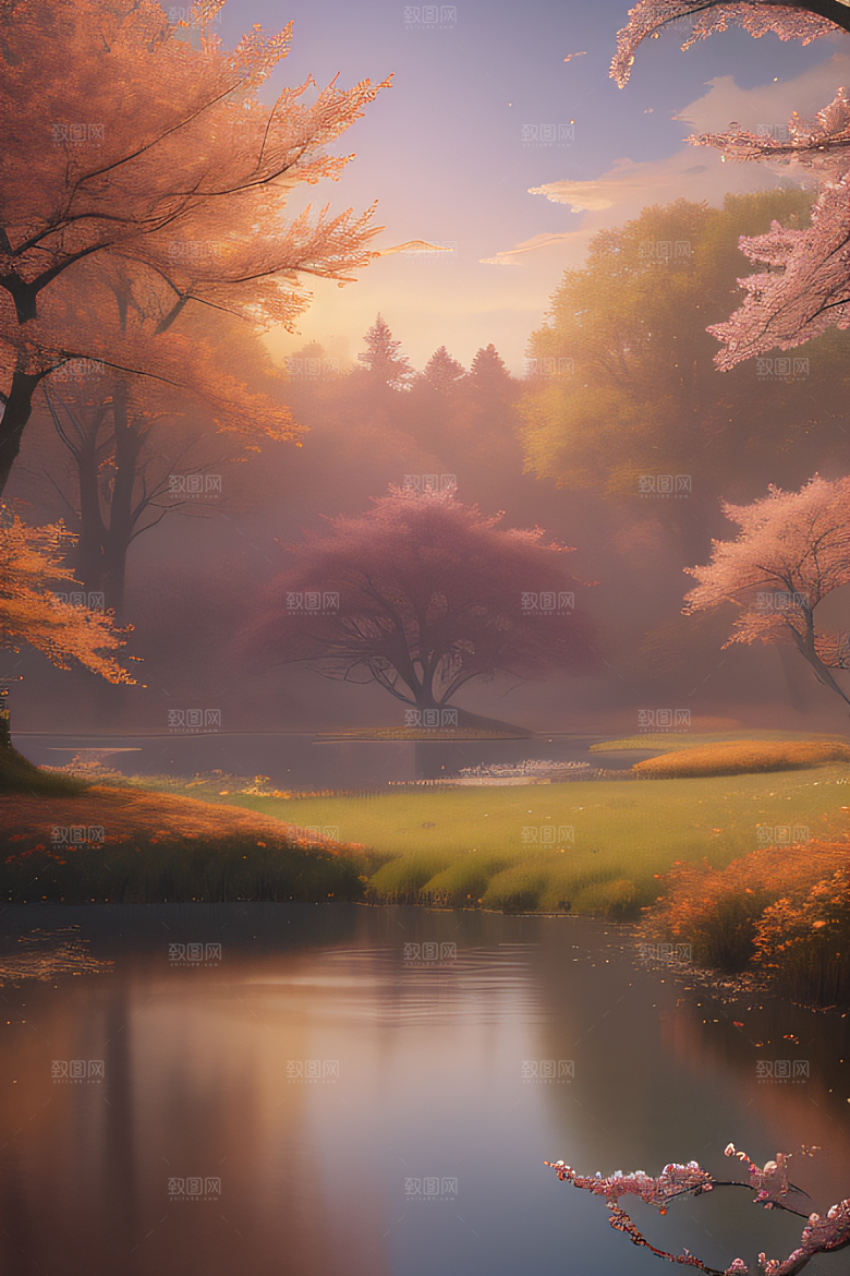 秋天的晨光远眺湖泊的美景