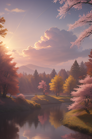 秋天的晨光远眺湖泊的美景