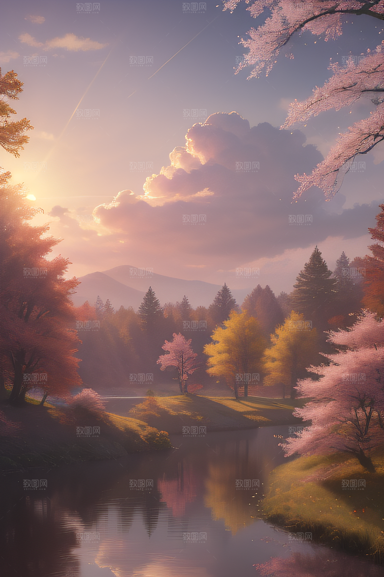 秋天的晨光远眺湖泊的美景
