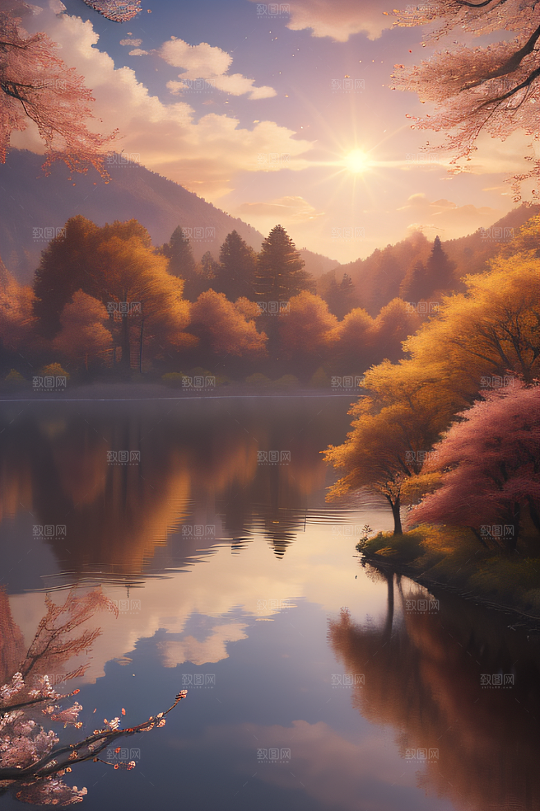 秋天的晨光远眺湖泊的美景