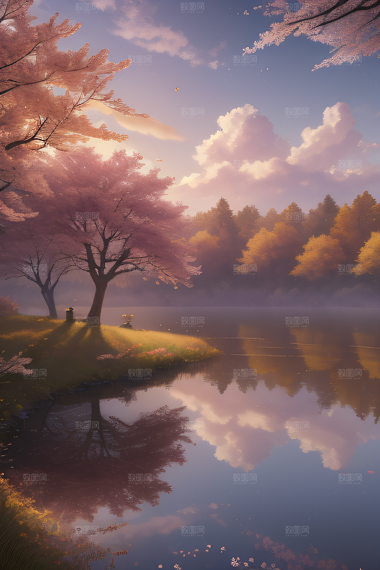 秋天的晨光远眺湖泊的美景