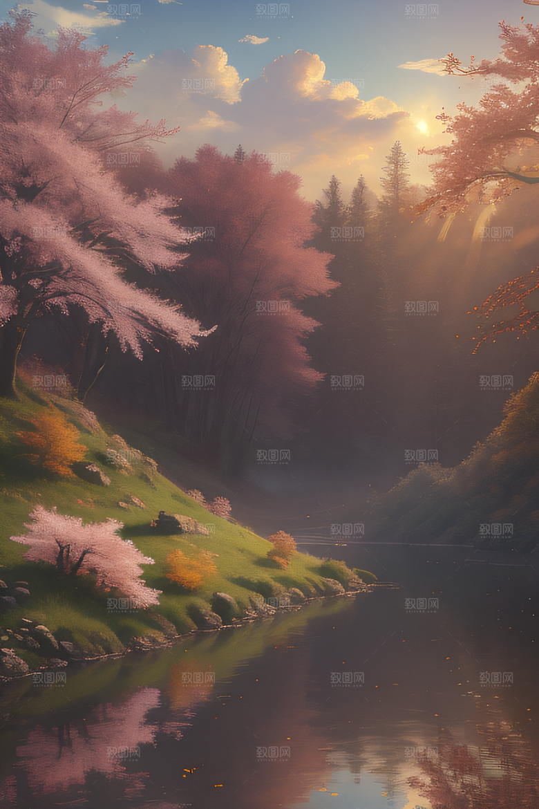 秋天的晨光远眺湖泊的美景