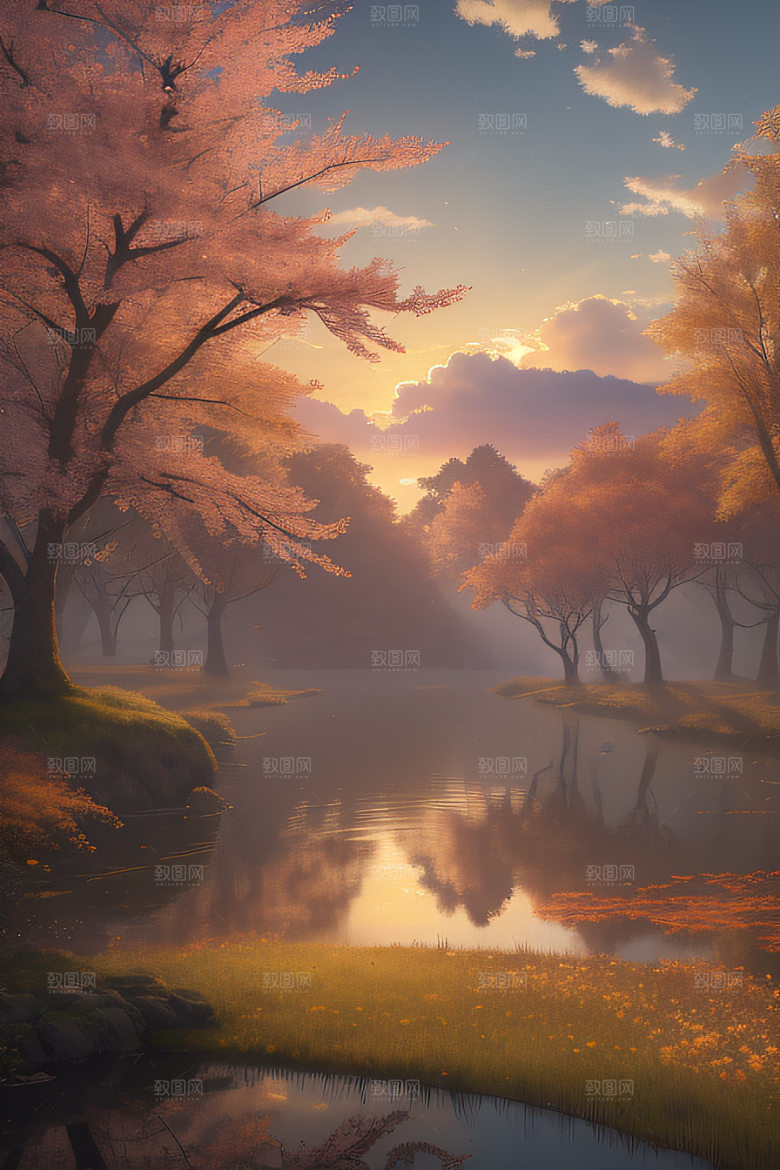 秋天的晨光远眺湖泊的美景