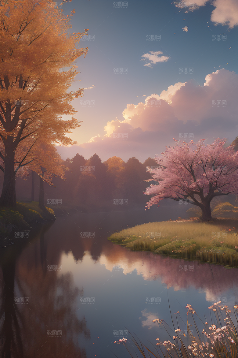 秋天的晨光远眺湖泊的美景