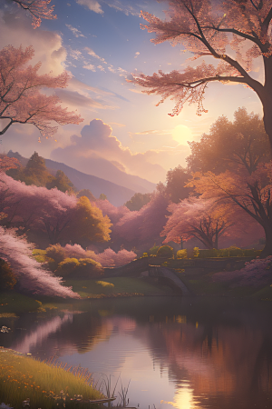 秋天的晨光远眺湖泊的美景
