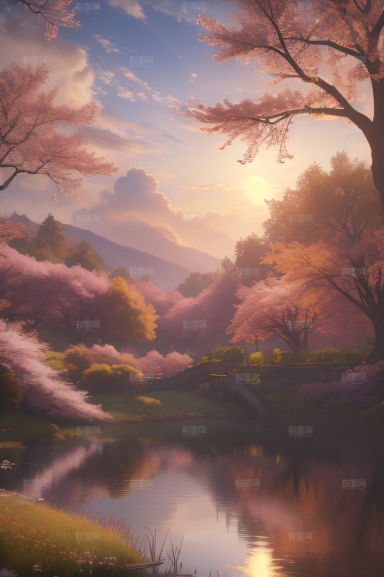 秋天的晨光远眺湖泊的美景