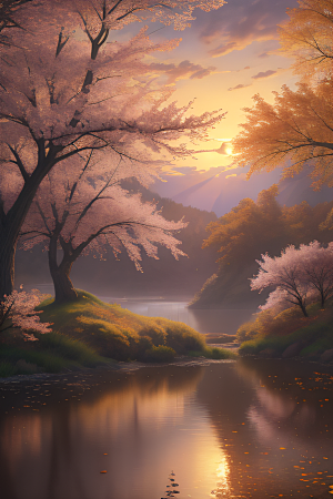 湖泊远景中的李花秋天的晨光