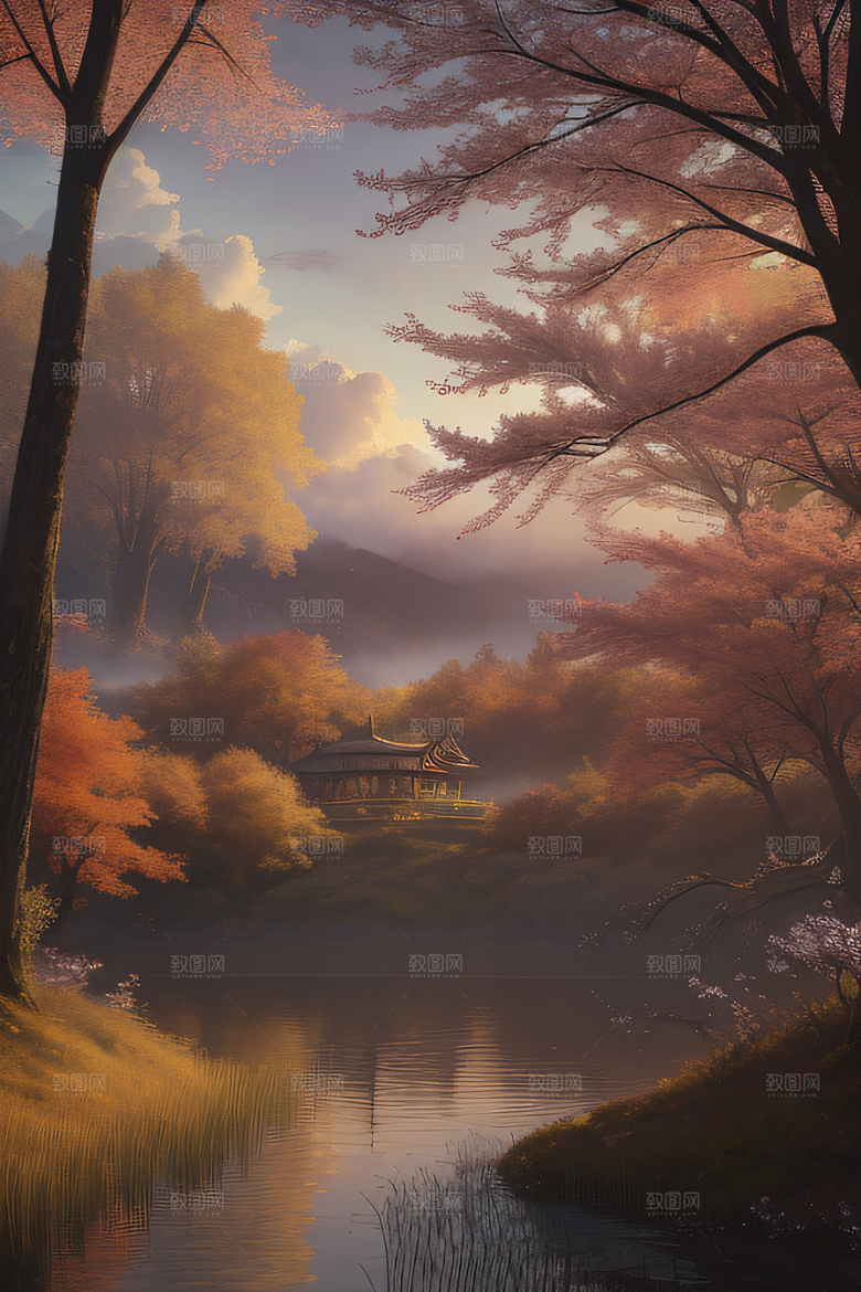 湖泊远景中的李花秋天的晨光
