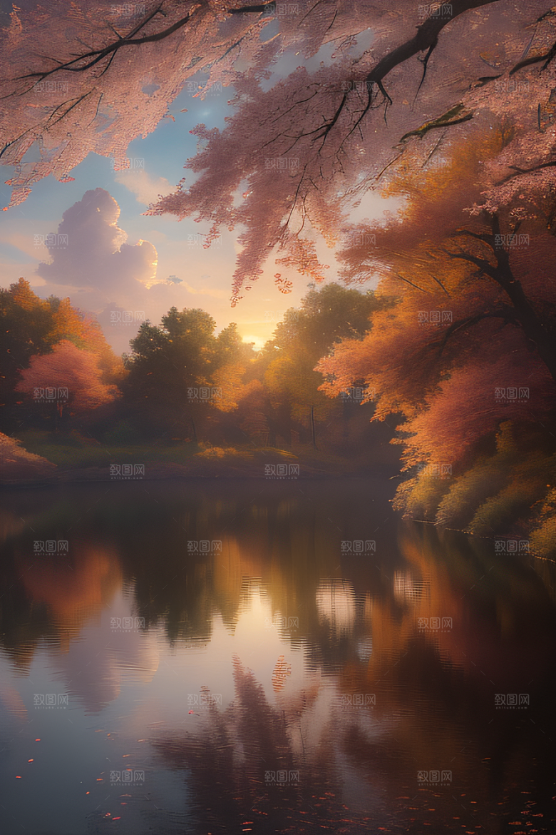 湖泊远景中的李花秋天的晨光