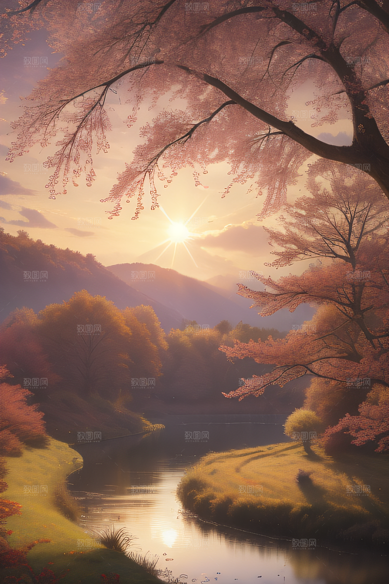 湖泊远景中的李花秋天的晨光