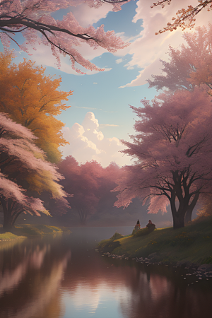 湖泊远景中的李花秋天的晨光