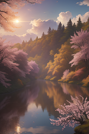 秋天的晨光湖泊远景中的李花