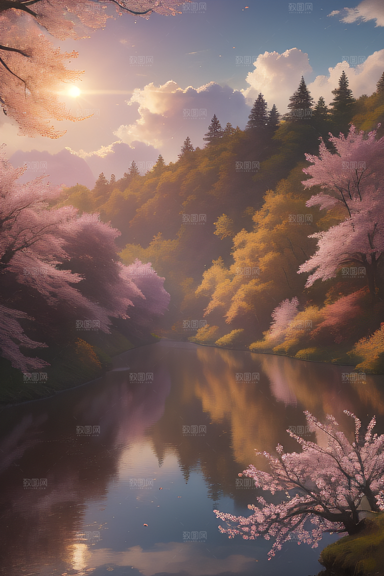 秋天的晨光湖泊远景中的李花