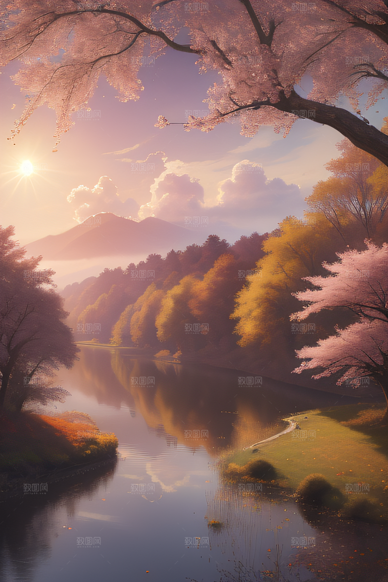 秋天的晨光湖泊远景中的李花