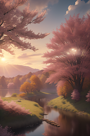 秋天的晨光湖泊远景中的李花