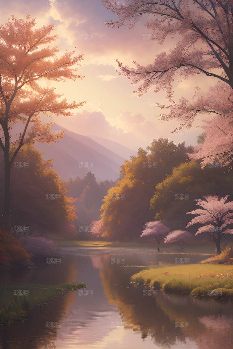 秋天的晨光湖泊远景中的李花