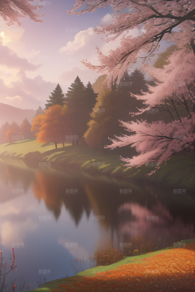 芦苇与晨光秋天的湖泊远景
