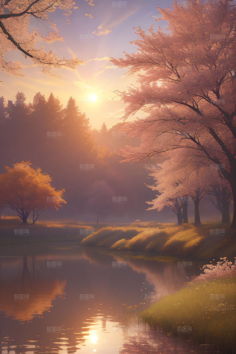 芦苇与晨光秋天的湖泊远景