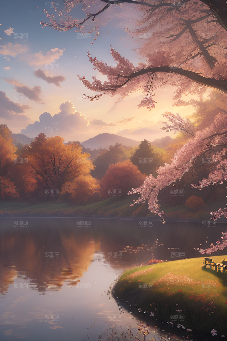 芦苇与晨光秋天的湖泊远景