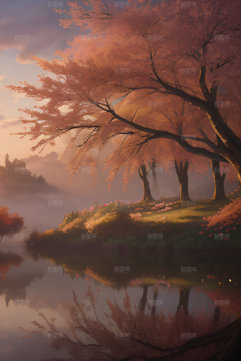芦苇与晨光秋天的湖泊远景